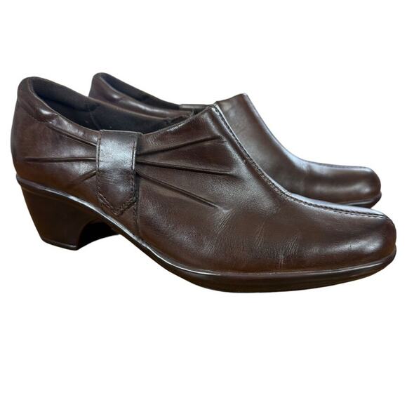 Clarks Clogs Brown Leather Chunky Heel Casual Shoes Side Zip Comfort sz 7 M - Picture 1 of 16